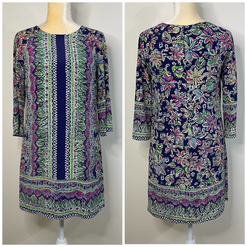 Lilly Pulitzer Floral Silk Shift Dress Size 2 Multicolor 3/4 Sleeves